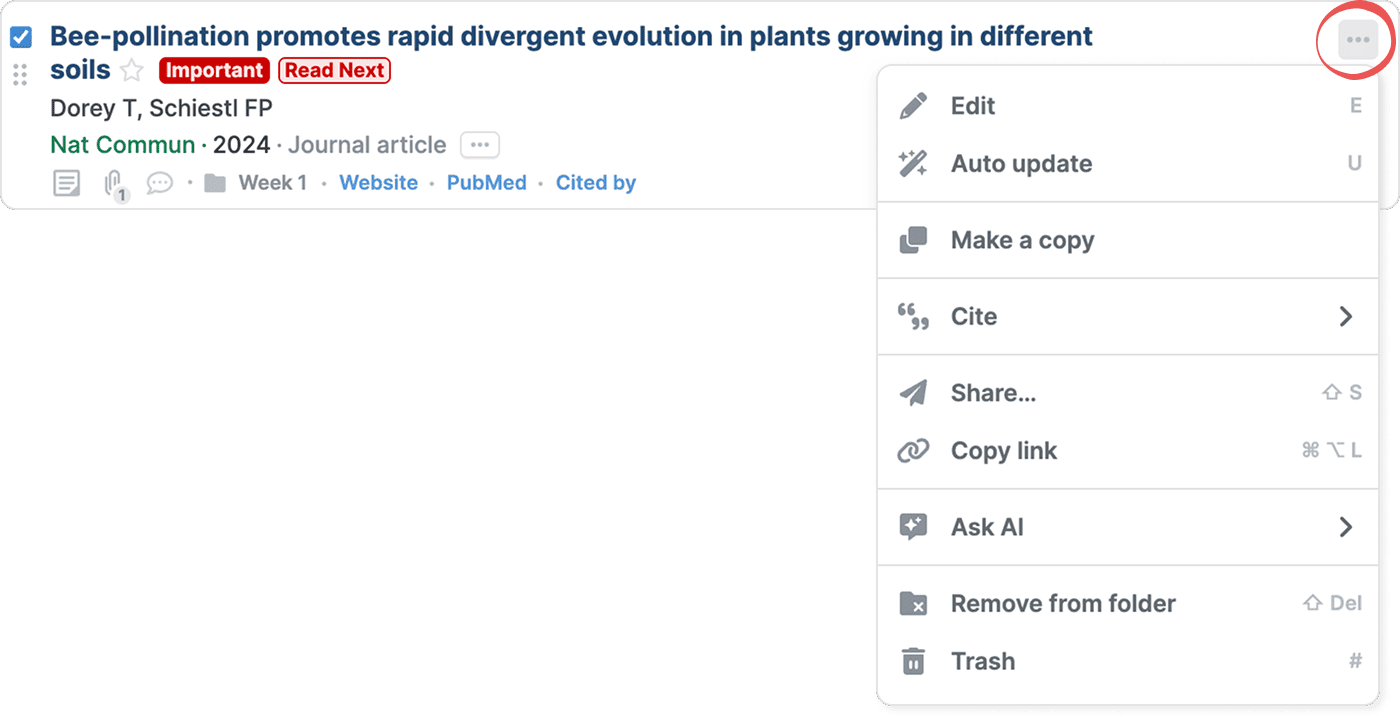 The circled three-dot button at the right of a reference title, with its menu open showing Edit, Auto update, Make a copy, Cite, Share, Copy link, Ask AI, Remove from folder and Trash, each with its keyboard shortcut.